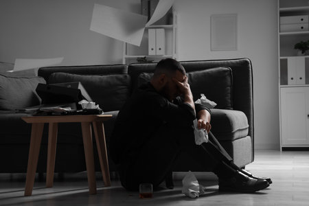 Businessman with crumpled paper and gun on table in dark office. International Stress Awareness Weekの写真素材