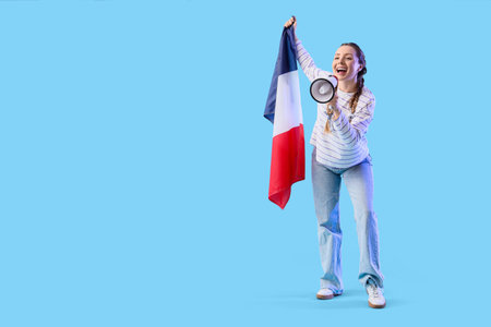 Female soccer fan with French flag and ball shouting into megaphone on blue background