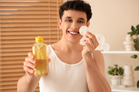 Young man with bottle of micellar water and cotton pad in bathroomの写真素材