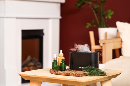 Aroma diffuser with essential oils and fir branches on table in living roomの写真素材