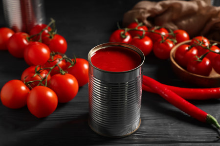 Tin can of tasty tomato paste with chili peppers on black wooden background, closeupの写真素材