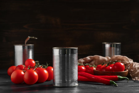 Tin cans of tasty tomato paste with chili peppers on black wooden backgroundの写真素材