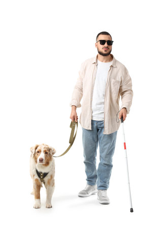 Blind young man with stick and guide dog walking on white backgroundの写真素材