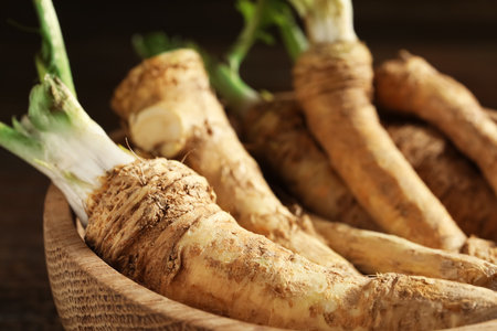 Bowl with horseradish roots, closeupの写真素材