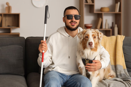 Blind young man with stick hugging guide dog sitting on sofa at homeの写真素材