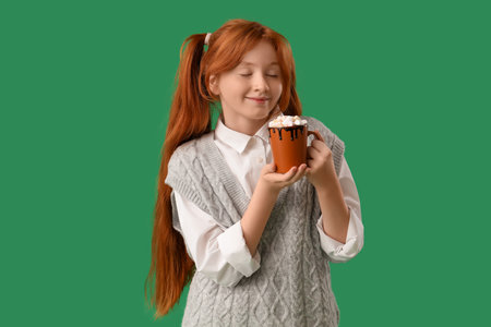 Teenage redhead girl with cup of sweet cocoa on green backgroundの写真素材