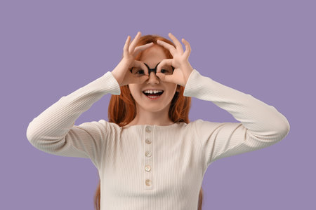 Teenage redhead girl on lilac backgroundの写真素材