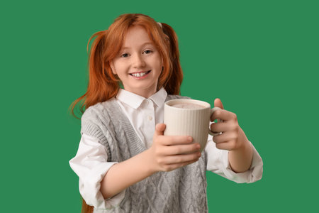 Teenage redhead girl with cup of sweet cocoa on green backgroundの写真素材