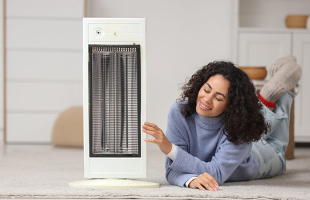 Young African-American woman with electric heater lying on floor at home