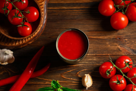 Tin can of tasty tomato paste and different ingredients on wooden background