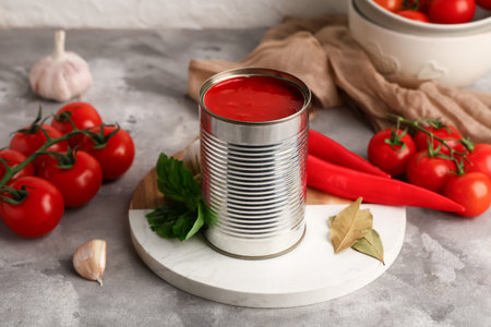 Tin can with tomato paste and ingredients on grey grunge background, closeup