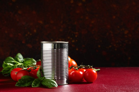 Tin can with basil leaves and vegetables on red background