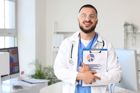 Male doctor with clipboard analyzing scientific data in laboratory