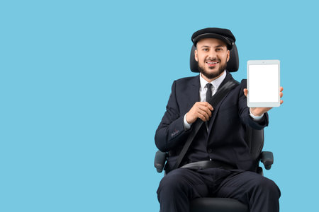 Male chauffeur with blank tablet computer in car seat on blue background