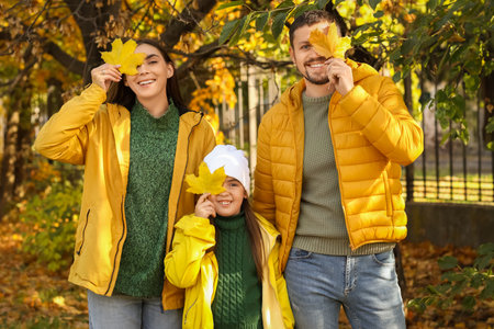 Happy family with leaves in autumn parkの写真素材