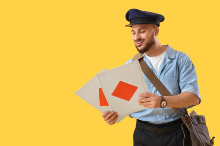 Handsome postman with letters on yellow backgroundの写真素材