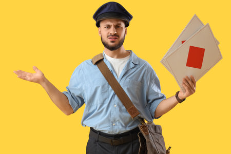 Confused postman with letters on yellow backgroundの写真素材