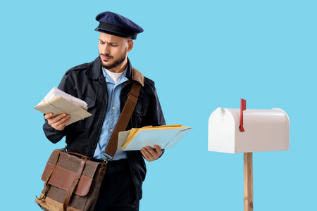 Handsome postman with letters and mailbox on blue backgroundの写真素材