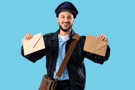 Handsome postman with letters on blue backgroundの写真素材