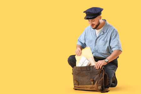 Handsome postman taking letters from bag on yellow backgroundの写真素材