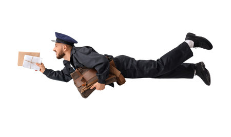 Handsome postman with bag and letters flying on white backgroundの写真素材