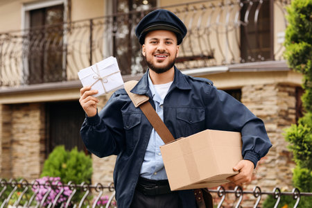 Handsome postman with parcel and letters on streetの写真素材