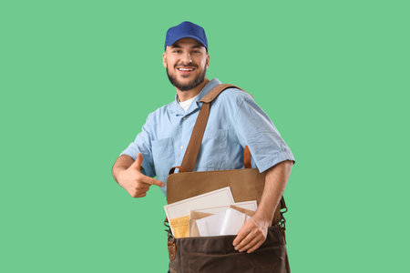 Handsome postman pointing at bag of letters on green backgroundの写真素材
