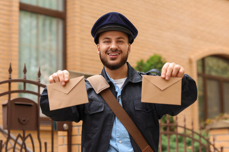 Handsome postman with letters on streetの写真素材