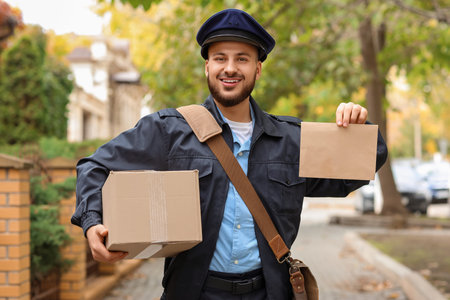 Handsome postman with parcel boxes on streetの写真素材