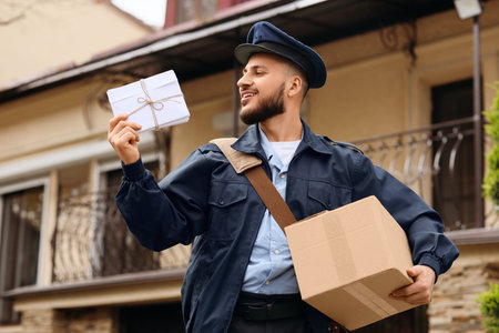 Handsome postman with parcel and letters on streetの写真素材