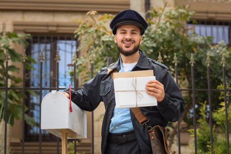 Handsome postman with letters near mailbox on streetの写真素材