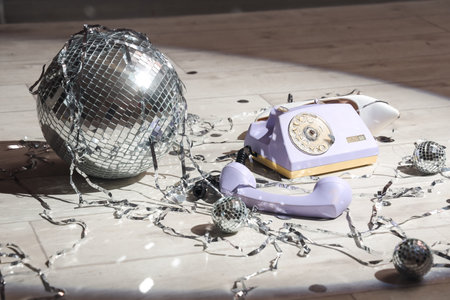 After party mess with telephone, disco balls and tinsel on wooden floor