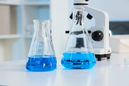 Laboratory glassware with blue liquid and microscope, scientific research and chemical experimentation