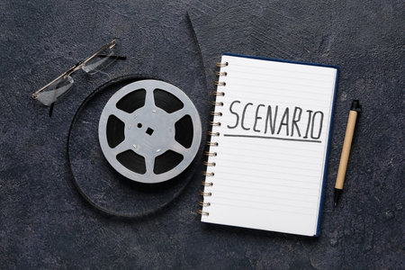 Notebook with scenario text and film reel on dark surface