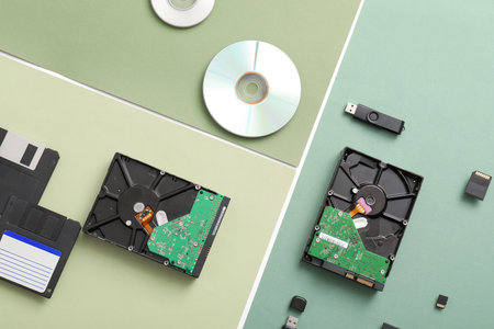 Various computer storage devices on colored backgrounds