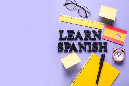 Learn spanish language education with text, flag, and school supplies on purple background