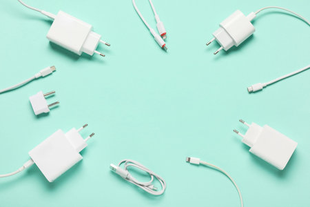 Frame made from modern power adapters, plug head and different USB cables on turquoise background