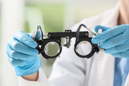 Female ophthalmologist with trial frame in clinic, closeup