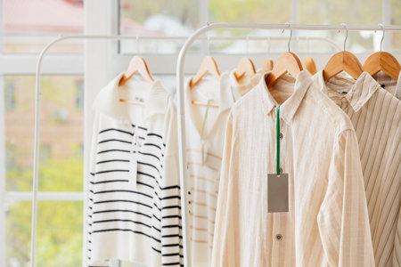 Clothing rack with various shirts and sweaters on hangers, retail display and fashion collection concept, the garments include striped sweaters and neutral-colored shirts with coll
