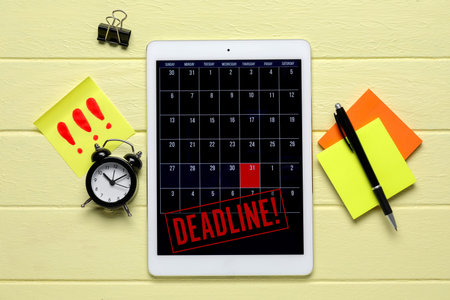 Tablet computer with open calendar, word DEADLINE, alarm clock and sticky notes on yellow wooden background
