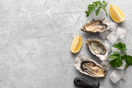Delicious fresh oysters with lemon, parsley and ice cubes on grey background