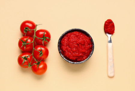 Bowl and spoon of tasty tomato paste on beige background