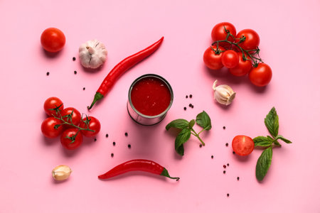 Tin can of tasty tomato paste and different ingredients on pink background