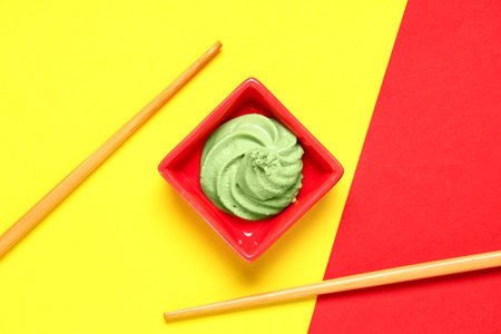 Bowl of tasty wasabi with chopsticks on color background
