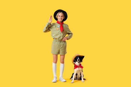 Boy scout with cute Border Collie dog showing scout sign on yellow background. World Scout Day
