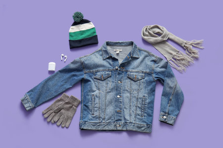 Stylish denim jacket with earphones, winter hat, scarf and gloves on purple background