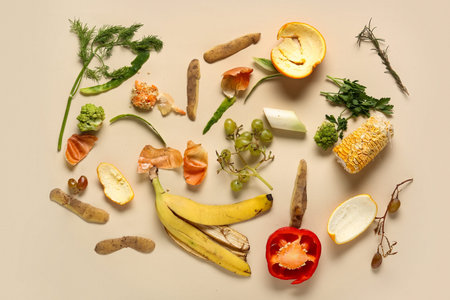 Different organic waste on beige background. Compost recycling concept