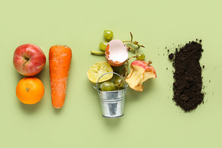 Bucket of organic waste and soil on green background. Compost recycling concept