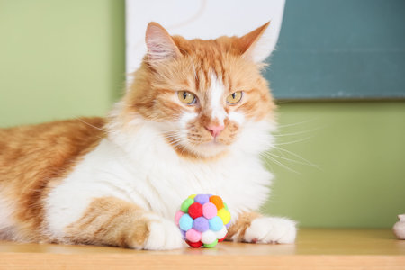 Cute tabby cat with toy lying on cabinet at home