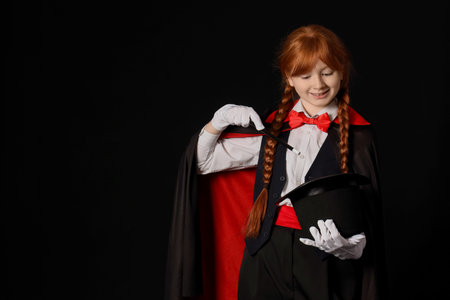 Young magician showing magic trick with hat on black background